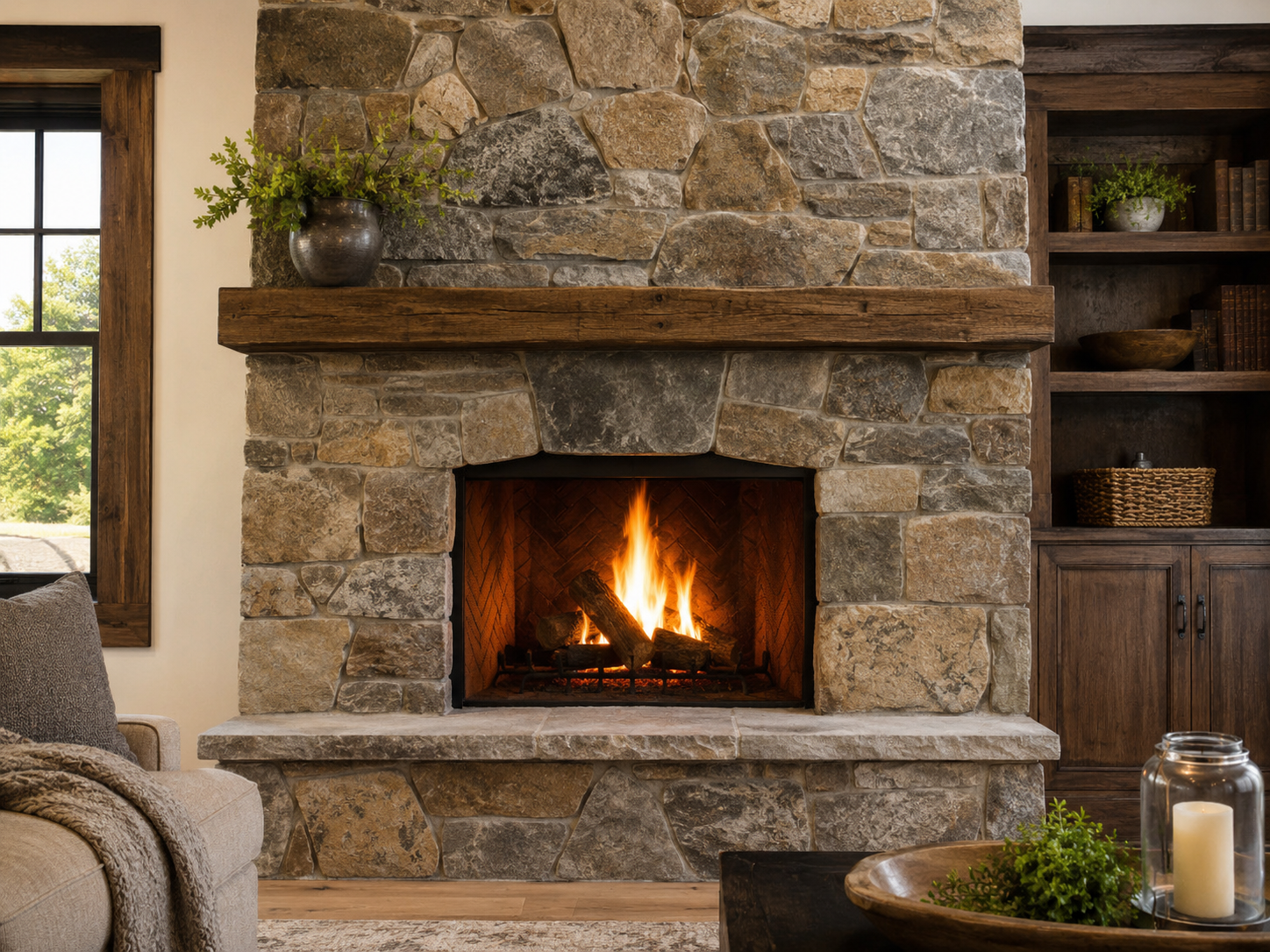 Hand-dressed fieldstone fireplace in a warm interior setting