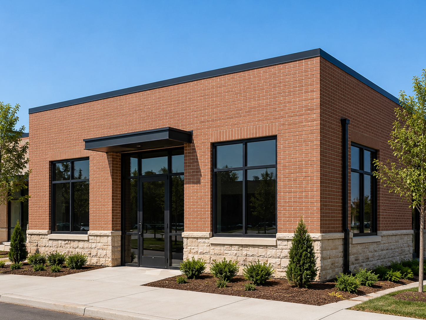 one-story brick storefront with stone base and clean landscaping