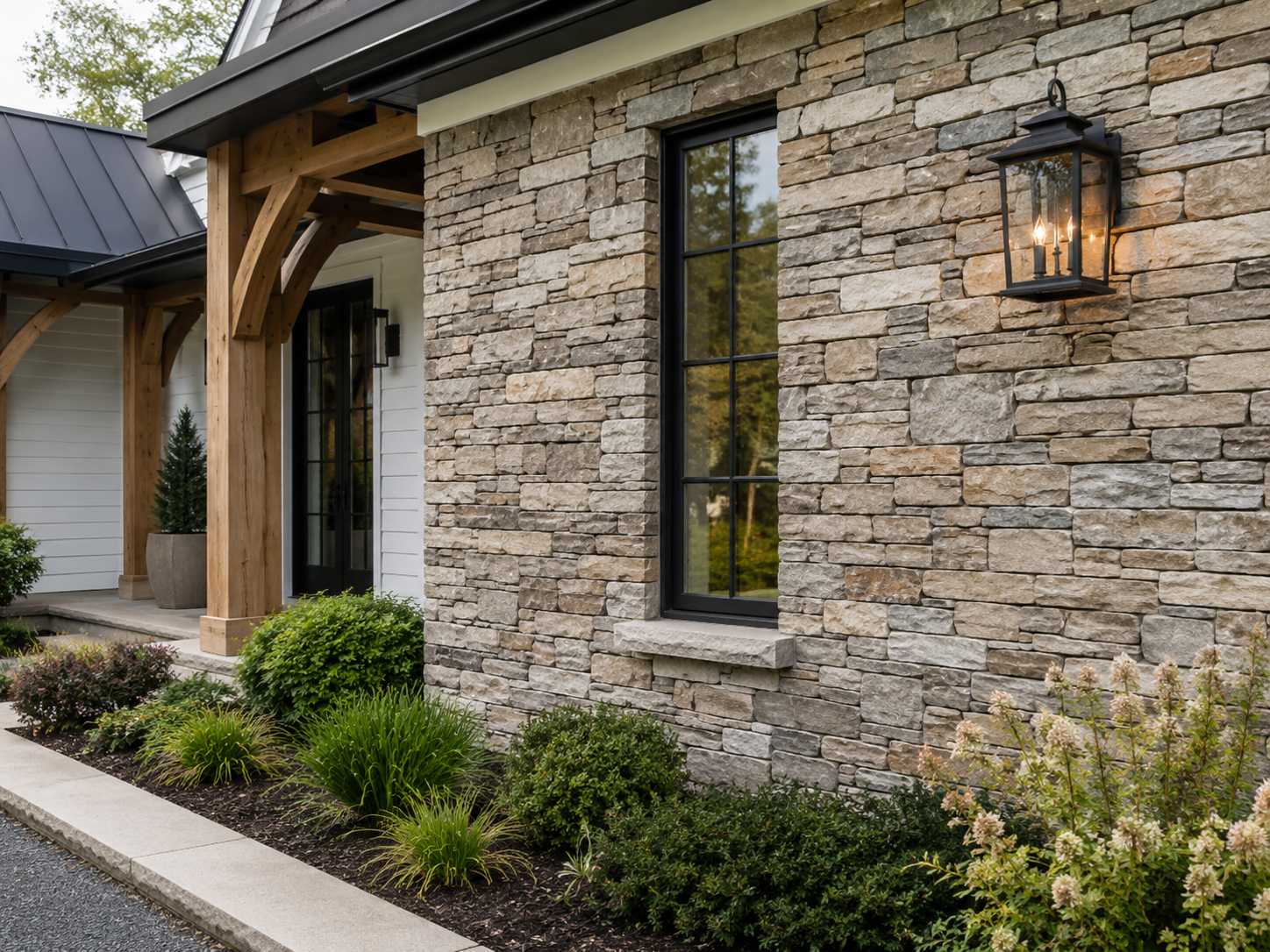 Stone veneer exterior wall with landscaping and window detail